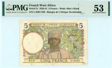 French West Africa
Banque de l’ Afrique Occidentale 
5 Francs, 27 April 1939 (1934-1941)
S/N U.6581 959
Watermark: Man’s Head
Pick 21

Graded About Un...