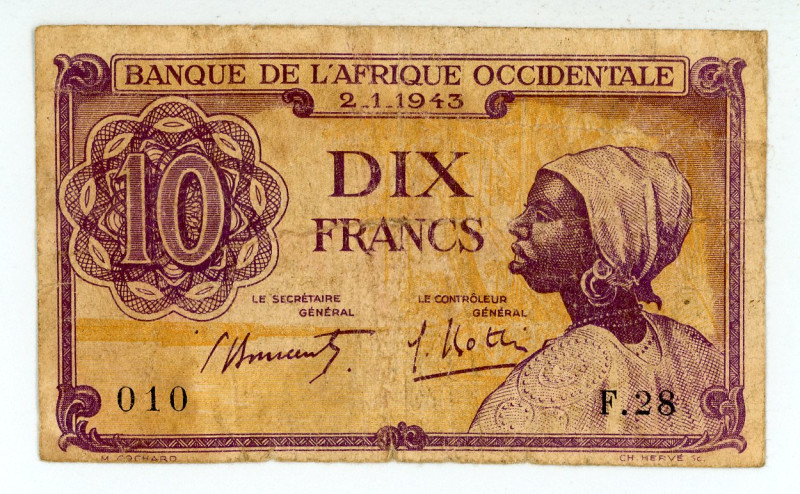 French West Africa
Banque de L'Afrique Occidentale
10 Francs, 2nd January 1943
S...