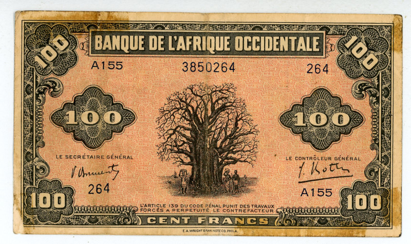 French West Africa
Banque de L'Afrique Occidentale
100 Francs, 14th December 194...