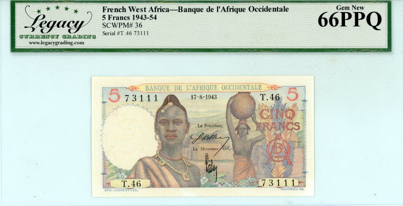 French West Africa
Banque de l’ Afrique Occidentale 
5 Francs, 17 August 1943 (1...