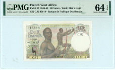 French West Africa
Banque de l’ Afrique Occidentale 
10 Francs, 29 December 1950 (1946-1954)
S/N C.82 45914
Pick 37

Graded Choice Uncirculated 64 EPQ...