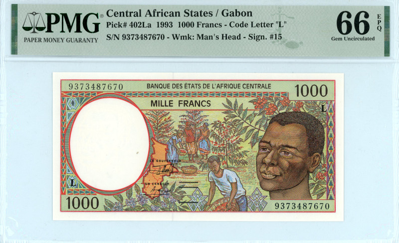 Gabon / Central African States 
1000 Francs, 1993
S/N 9373487670 
Signature #15
...