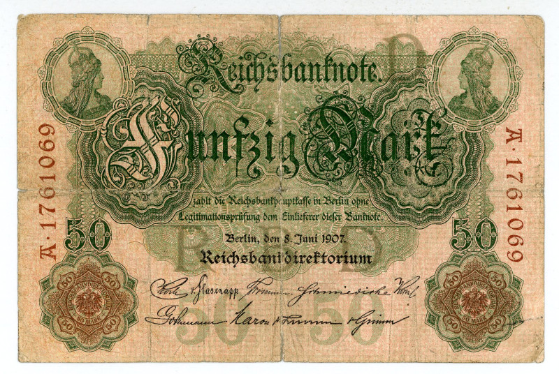 Germany
Reichsbank
50 Mark, 8th June 1907
S/N A 1761069
Printer: Bundesdruckerei...