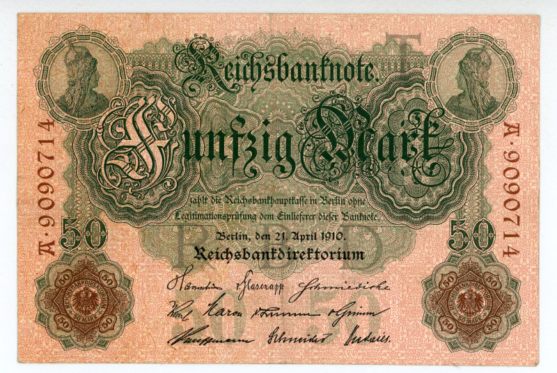 Germany
Reichsbank
50 Mark, 21st April 1910
S/N A 9090714
Printer: Bundesdrucker...