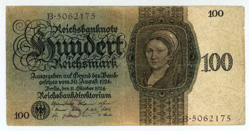 Germany
Reichsbank
100 Reichsmark, 11th October 1924
S/N B 5062175
Pick 178

Abo...