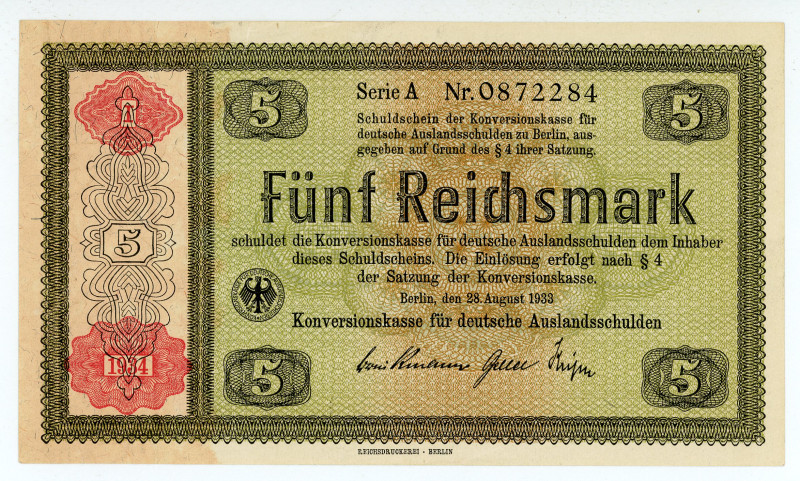 Germany
Third Reich
5 Reichsmark, 28th August 1933
S/N A 0872284
Overprint - Con...