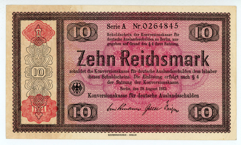 Germany
Third Reich
10 Reichsmark, 28th August 1933
S/N A 0264845
Overprint - Co...