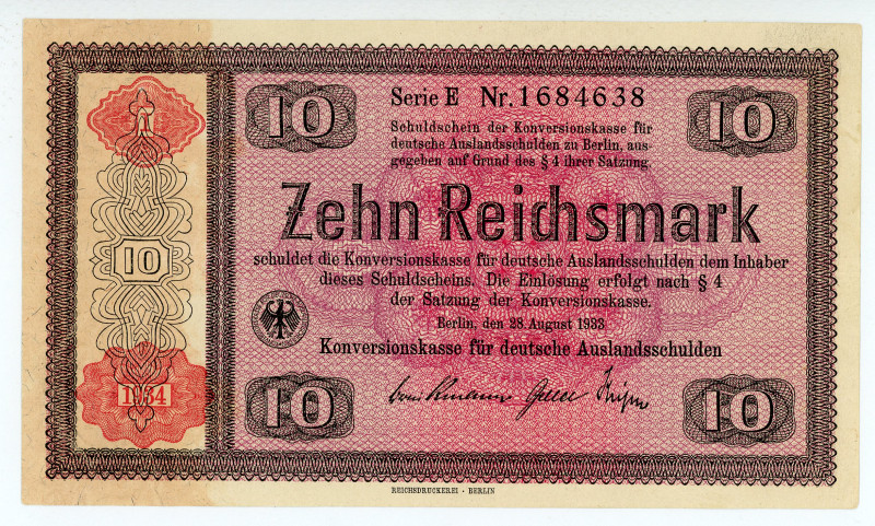Germany
Third Reich
10 Reichsmark, 28th August 1933
S/N E 1684638
Overprint - Co...
