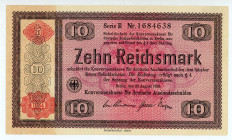 Germany
Third Reich
10 Reichsmark, 28th August 1933
S/N E 1684638
Overprint - Conversion Fund for Foreign Debts
Pick 208

Good extremely fine, pinhole...
