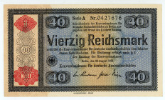 Germany
Third Reich
40 Reichsmark, 28th August 1933
S/N A 0427676
Overprint - Conversion Fund for Foreign Debts
Pick 210

Extremely fine, pinholes.

F...