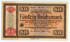 Germany
Third Reich
50 Reichsmark, 28th August 1933
S/N A 0613325
Overprint - Conversion Fund for Foreign Debts
Pick 211

About uncirculated.

From th...