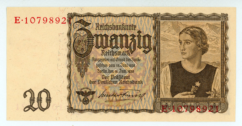 Germany
Reichsbanknote
20 Reichsmark, 16th June 1939
S/N E 1079892
Watermark: Wo...