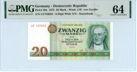 Germany
Democratic Republic
20 Mark, 1975
S/N UF 745053 - Staatsbank
Six digit wide
Watermark: J.W. von Goethe
Pick 29a

Graded Choice Uncirculated 64...
