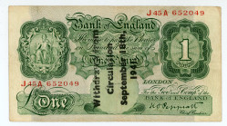 Great Britain
1 Pound, ND (1941)
S/N J45A 652049
Signature of Peppiatt
Overprint Withdrawn from Circulation September 18th 1941
Pick 363h

Good...