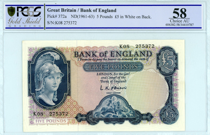 Great Britain
Bank of England 
5 Pounds, ND (1961-1963)
£5 in white on back 
S/N...