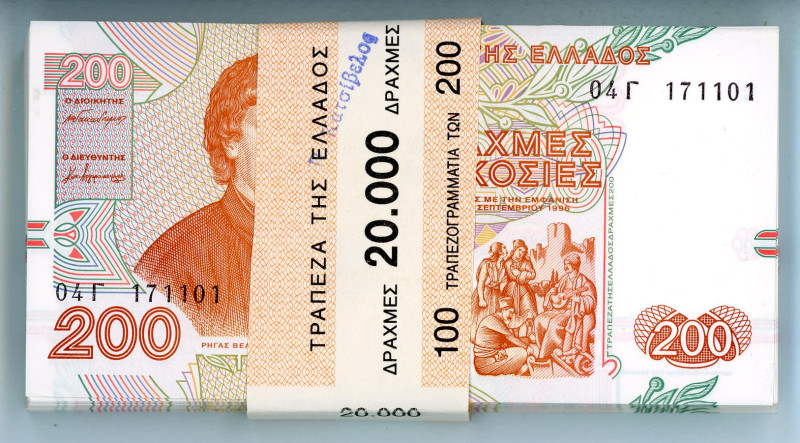 Greece
Bank of Greece (ΤΡΑΠΕΖΑ ΤΗΣ ΕΛΛΑΔΟΣ)
Bundle of 100x 200 Drachmai, 2 Septe...