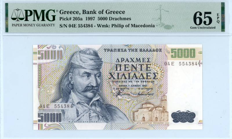 Greece
Bank of Greece (ΤΡΑΠΕΖΑ ΤΗΣ ΕΛΛΑΔΟΣ)
5.000 Drachmai, 1 June 1997
S/N 04E ...