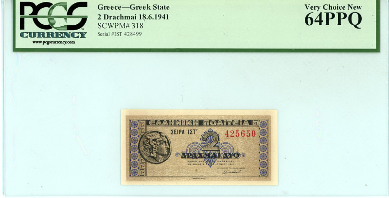 Greece
Greek State (ΕΛΛΗΝΙΚΗ ΠΟΛΙΤΕΙΑ)
2 Drachmai, 18 June 1941
S/N ΙΣΤ 425650
P...