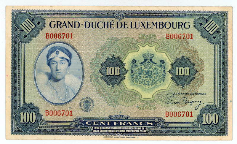 Luxembourg
Allied Occupation WWII
100 Francs, ND (1944)
S/N B006701 (low serial ...