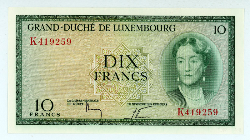 Luxembourg
10 Francs, ND (1954)
S/N K419259
Pick 48

Crisp Gem Uncirculated.

Fr...