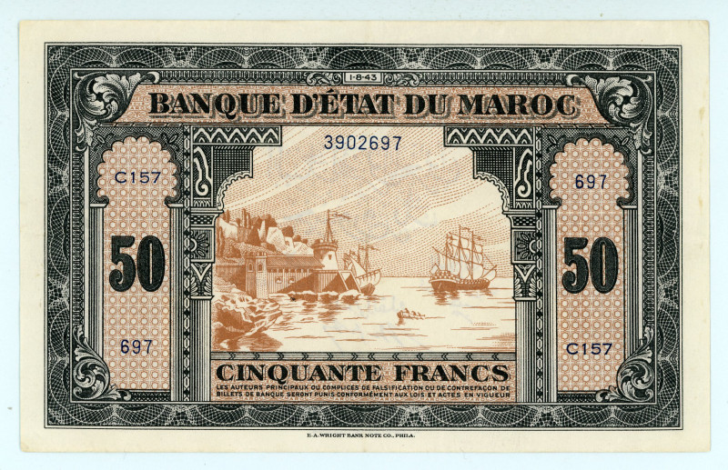 Morocco
Banque d' Etat du Maroc
50 Francs, 1943-1944
S/N C157 697
Printer: EAW
P...