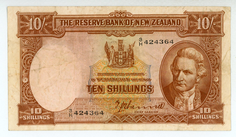 New Zealand
Reserve Bank of New Zealand
10 Shillings, ND (1940-1955)
S/N 3/H 424...