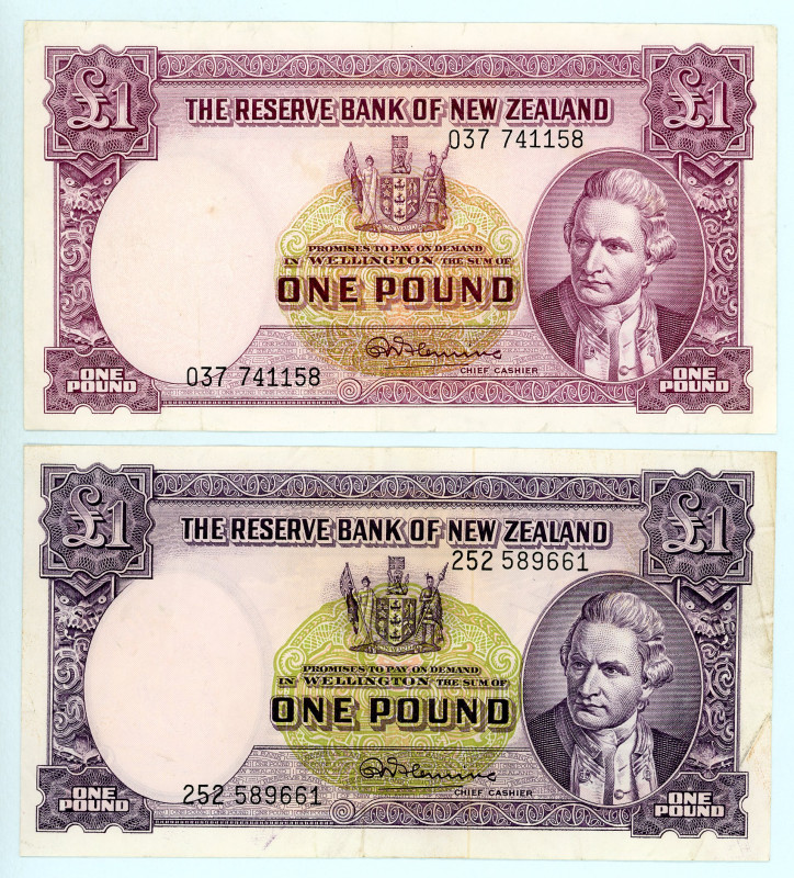 New Zealand
Lot of 2 banknotes comprising 1 Pound (2), ND (1956-1967)
S/N 037 74...