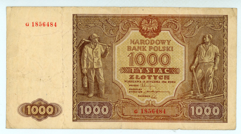 Poland
National Bank
1.000 Zlotych, 1946
S/N G 1856484
Pick 122

About very fine...