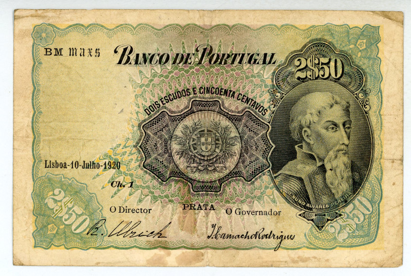 Portugal
Banco de Portugal
2 Escudos 50 Centavos, 1920
S/N BM MAXS
Watermark: Ma...