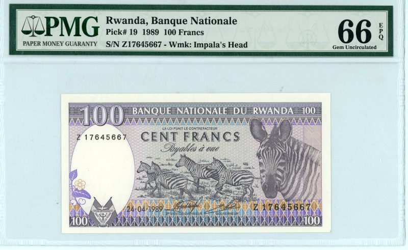 Rwanda
Banque Nationale
100 Francs, 24 April 1989
S/N Z17645667
Watermark: Impal...