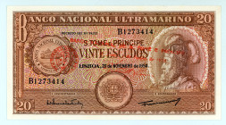Saint Thomas & Prince
Banco Nacional Ultramarino
20 Escudos, 1958 (ND 1976)
S/N B273414
Signature of L. P. Coutinho as Administrator
Overpinted on #37...