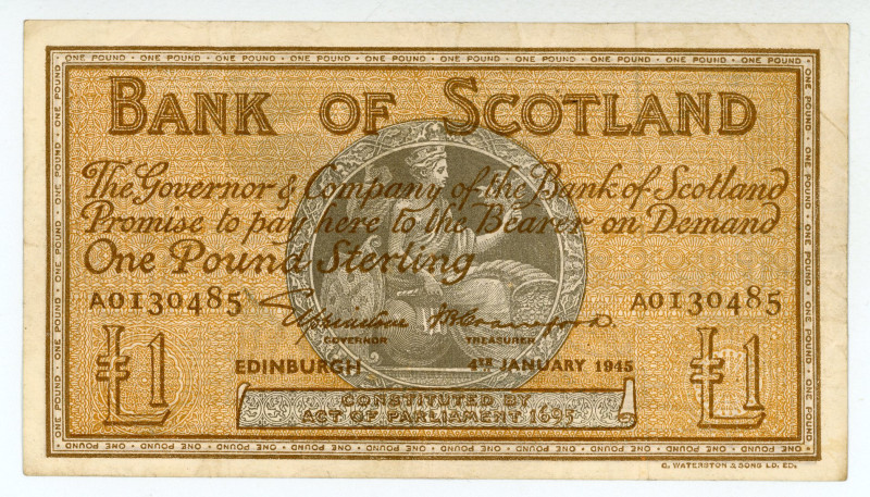 Scotland
Bank of Scotland
1 Pound, 4th January 1945
S/N A0130485
Printer: WandS
...