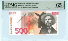 Slovenia
Banka Slovenije
500 Tolarjev, 15 January 1992
S/N BF765595
Watermark: J. Plecnik
Pick 16a

Graded Gem Uncirculated 65 EPQ PMG.