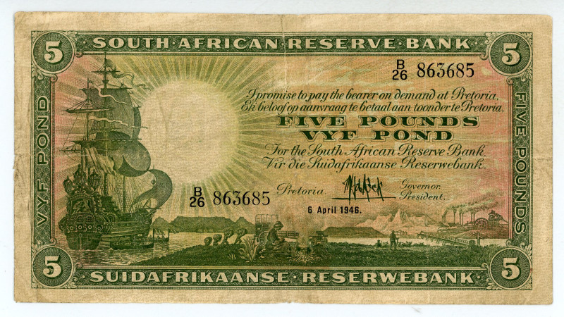 South Africa
Reserve Bank
5 Pounds, 6th April 1946
S/N B/26 863685
Signature of ...