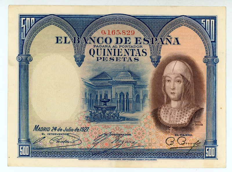 Spain
Banco de Espana
500 Pesetas, 1927 (ND 1936)
S/N 0165829
Printer: BWC
Water...