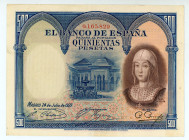 Spain
Banco de Espana
500 Pesetas, 1927 (ND 1936)
S/N 0165829
Printer: BWC
Watermark: Man's Head
Pick 73c

Good extremely fine.

From the “Yankee” Col...