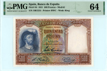 Spain
Banco de Espana
500 Pesetas, 25 April 1931
S/N 1,601,224
Printer: BWC
Watermark: Poseidon as King
Pick 84

Graded Choice Uncirculated 64 PMG.