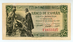 Spain
Banco de Espana
5 Pesetas, 1945
S/N F1655527
Printer: FNMT
Pick 129a

Extremely fine.

From the “Yankee” Collection of banknotes.