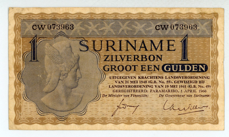 Suriname
Zilverbonnen
1 Gulden, 1st April 1960
S/N CW 073963
Printer: JEZ
Pick 1...