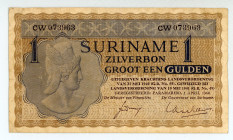 Suriname
Zilverbonnen
1 Gulden, 1st April 1960
S/N CW 073963
Printer: JEZ
Pick 108b

Very fine.

From the “Yankee” Collection of banknotes.