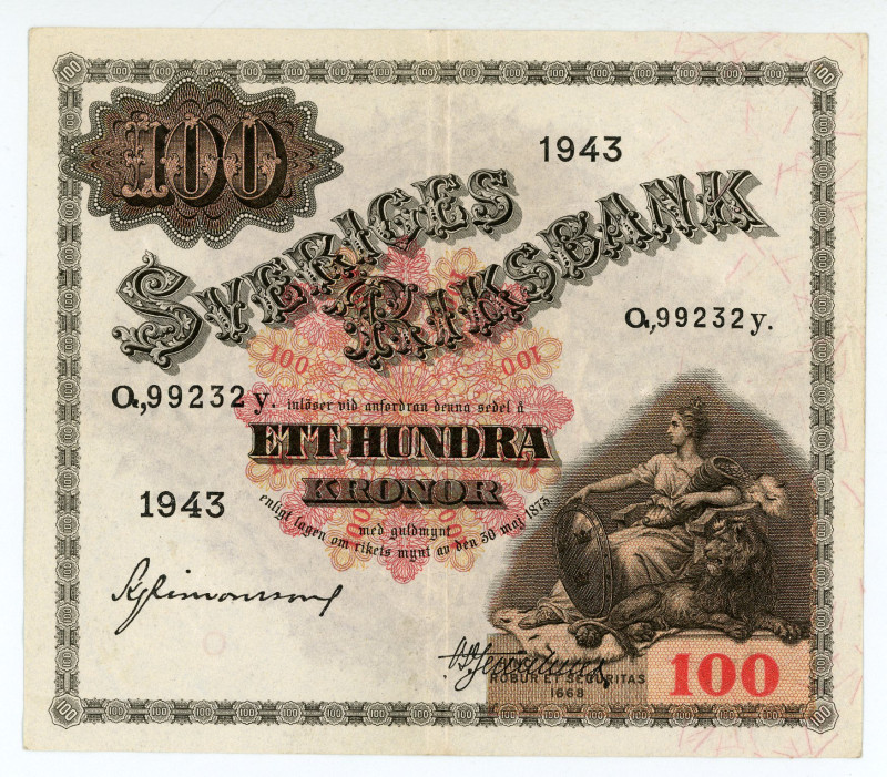 Sweden
Sveriges Riksbank
100 Kronor, 1943
S/N Q99232y
Pick 36z

Very fine.

From...