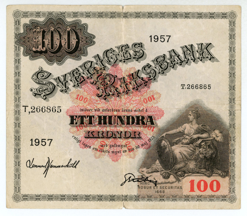 Sweden
Sveriges Riksbank
100 Kronor, 1957
S/N T266865
Pick 45c

Fine.

From the ...