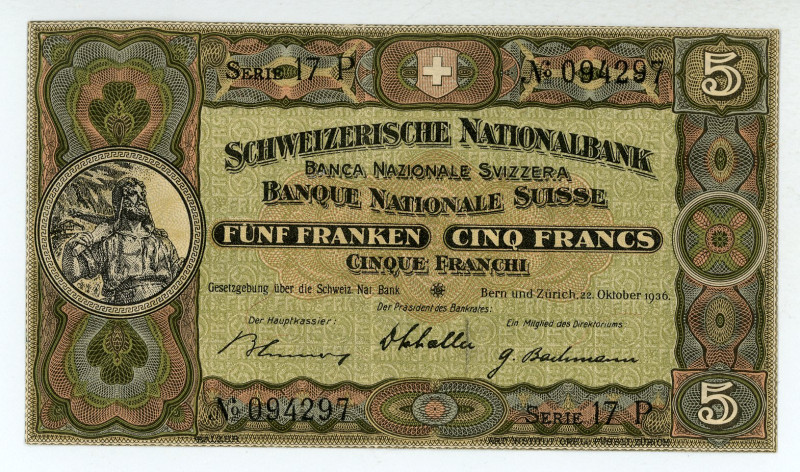 Switzerland
Schweizerische Nationalbank
5 Francs, 22nd October 1936
S/N Series 1...