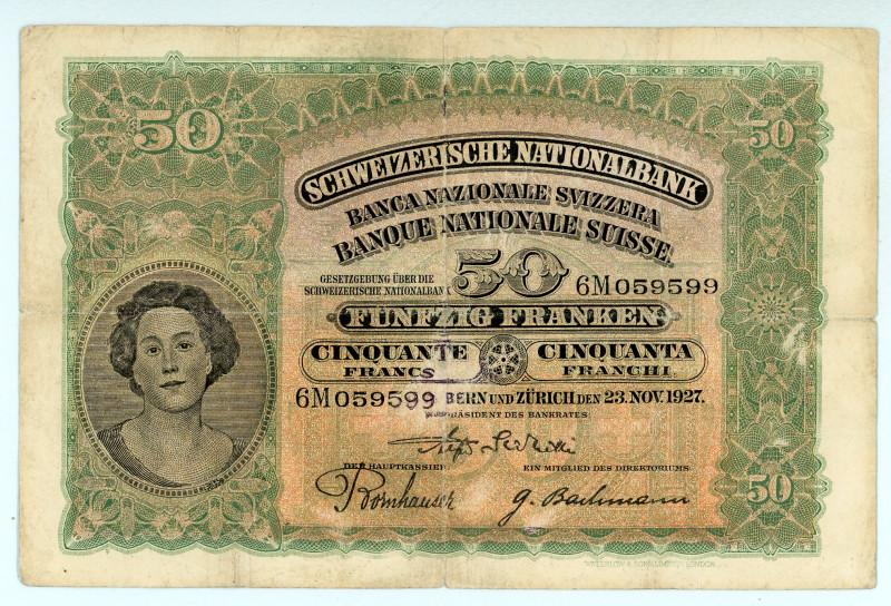 Switzerland
Schweizerische Nationalbank
50 Francs, 23rd November 1927
S/N 6M0595...