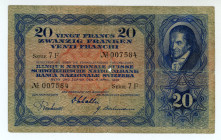 Switzerland
Schweizerische Nationalbank
20 Francs, 11th April 1935
S/N Series 7F 007584
Pick 39e

Fine, with hole in centre.

From the “Yankee” Collec...