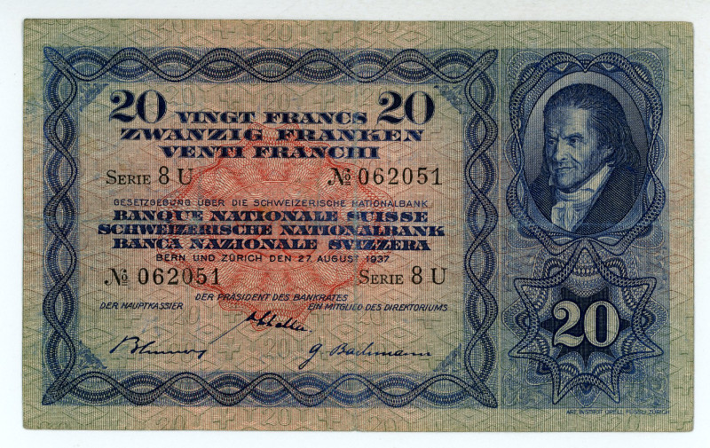 Switzerland
Schweizerische Nationalbank
20 Francs, 27th August 1937
S/N Series 8...