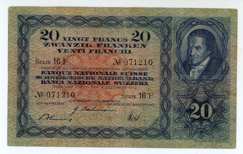 Switzerland
Schweizerische Nationalbank
20 Francs, 4th December 1942
S/N Series ...