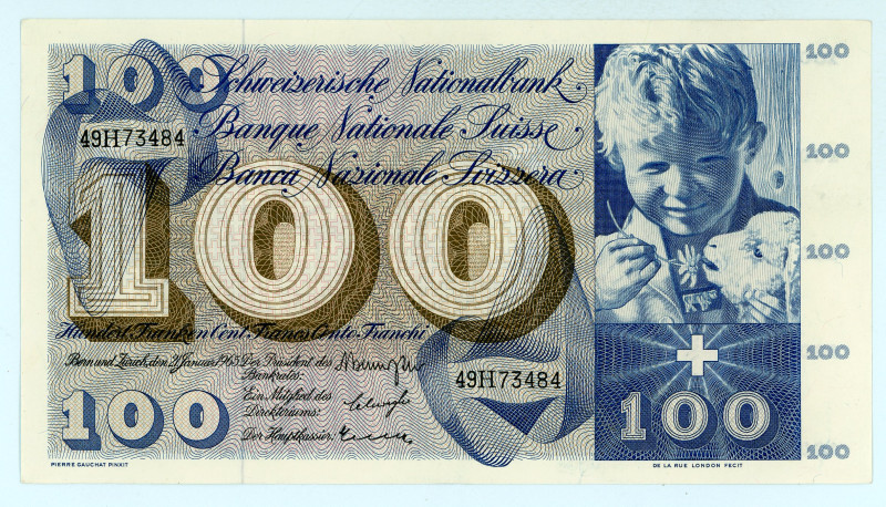 Switzerland
Schweizerische Nationalbank
100 Francs, 1965
S/N 49H73484
Pick 49h

...