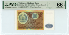 Tajikistan
National Bank
100 Rubles, 1994
S/N BCH0205781
Printer: Goznak
Watermark: Open Stars
Pick 6a

Graded Gem Uncirculated 66 EPQ PMG.