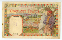 Tunisia
Banque de l'Algerie
50 Francs, 7th December 1938 (1938-1945)
S/N U.66 354
Overprint on Algeria #84
Watermark: Woman's Head
Pick 12a

Fine.

Fr...